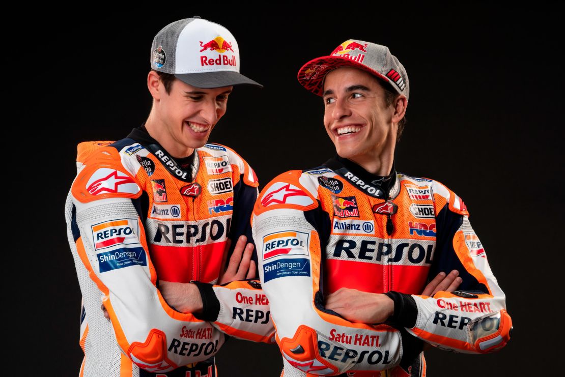 The Marquez brothers in Repsol Honda leathers at the 2020 team press launch