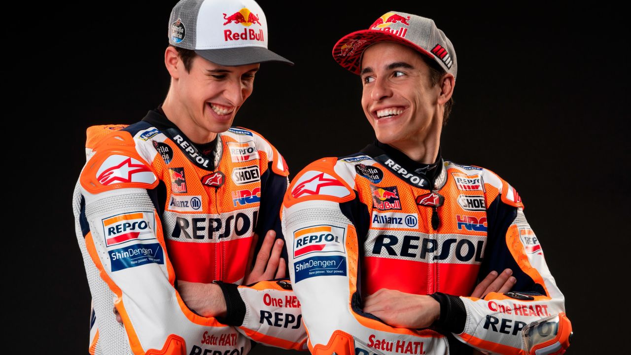 The Marquez brothers in Repsol Honda leathers at the 2020 team press launch