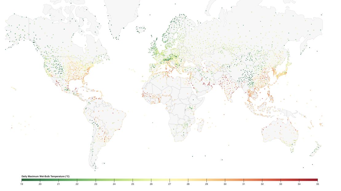 This world map shows documented instances, with hotter colors from yellow to red signifying the worst combinations of heat and humidity emerging across the globe.