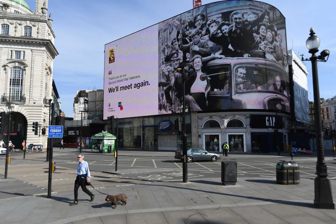 A VE Day tribute is displayed in London's deserted Piccadilly Circus on Friday.