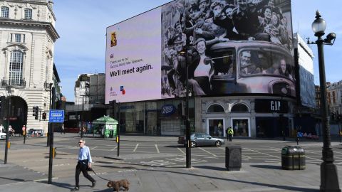 A VE Day tribute is displayed in London's deserted Piccadilly Circus on Friday.