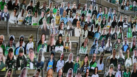 Cardboard cut-outs with portraits of Borussia Moenchegladbach's supporters are seen at the Borussia Park stadium.