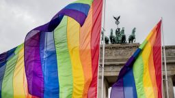 Rainbow flags in front of the Brandenburg Gate at an event organised by the SPD to celebrate the legalization of same-sex marriage in Berlin, Germany, June 2017. 