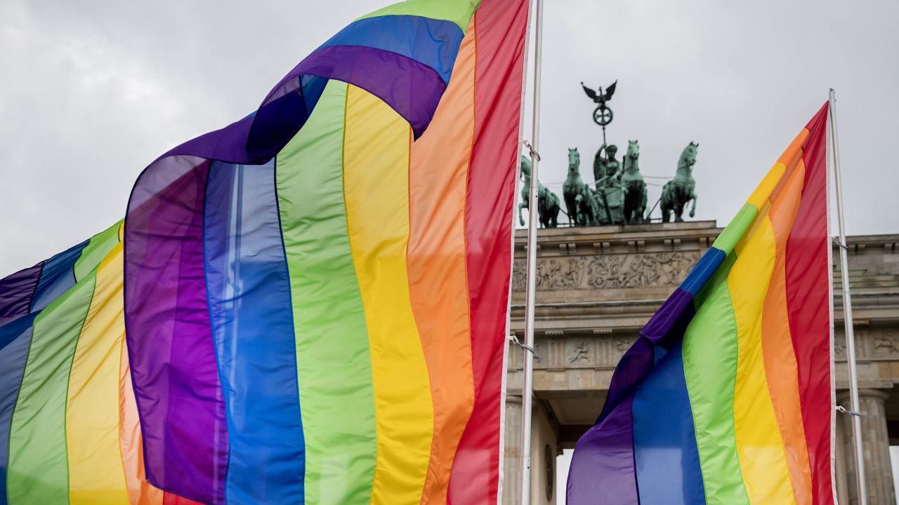 Rainbow flags in front of the Brandenburg Gate at an event to celebrate the legalization of same-sex marriage in Berlin, Germany, June 2017. 