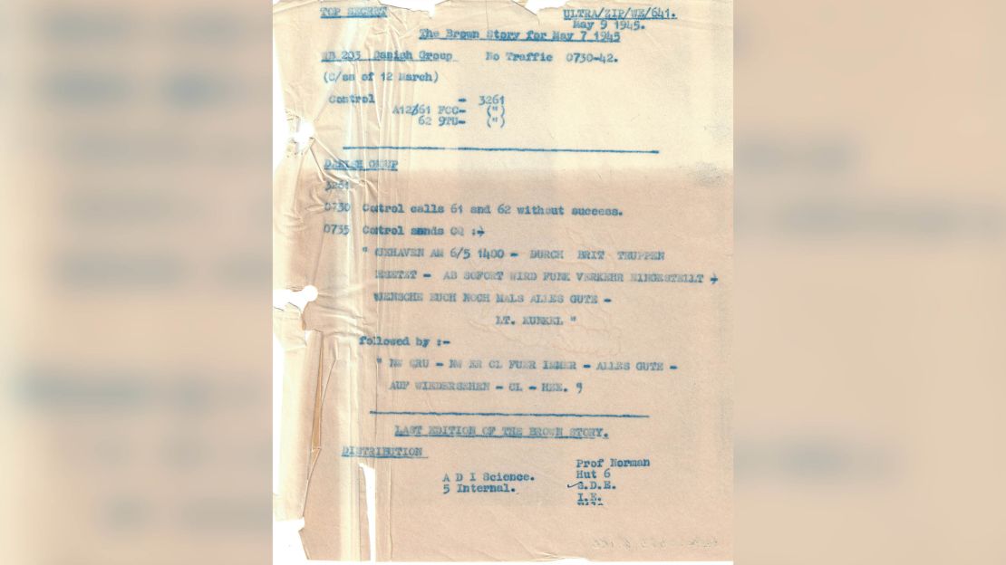 This note, written by GCHQ Analysts at BletchleyPark in WWII, shows the final message from the German BROWN network: "Closing down for ever -- all the best -- goodbye."