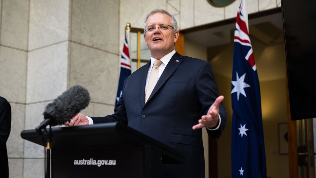 Prime Minister Scott Morrison speaks during a press conference following a National Cabinet meeting on May 8 in Canberra, Australia.