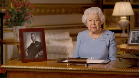 In this image taken from video and made available by Buckingham Palace, Britain's Queen Elizabeth II addresses the nation and the Commonwealth on the 75th anniversary of VE Day, from Windsor Castle in Windsor, England, Friday May 8, 2020. (Buckingham Palace via AP)