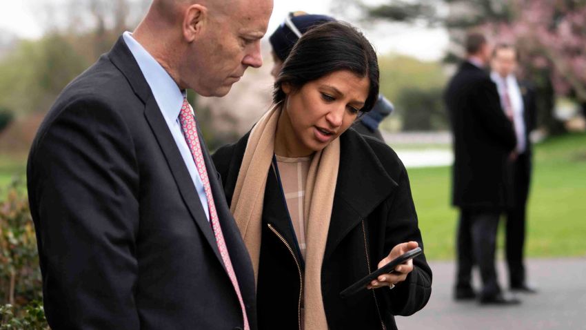 Marc Short, Chief of Staff  for Vice President Mike Pence (L) talks with  Katie Miller, Vice President Mike Pence's press secretary as President Donald Trump and Vice President Mike Pence as participate in a Fox News Virtual Town Hall with Anchor Bill Hemmer, in the Rose Garden of the White House on March 24, 2020 in Washington, DC. Cases of COVID-19 continue to rise in the United States, with New York's case count doubling every three days according to governor Andrew Cuomo.