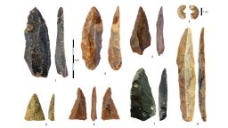 Stone artifacts from the Initial Upper Paleolithic at Bacho Kiro Cave: 1-3, 5-7 Pointed blades and fragments from Layer I; 4 Sandstone bead with morphology similar to bone beads; 8 The longest complete blade. 