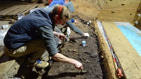 Excavations investigating the Initial Upper Paleolithic Layer I at Bacho Kiro cave took place in 2015 in Bulgaria. Bones from Homo sapiens were recovered from this layer along with stone tools, animal bones, bone tools and pendants.