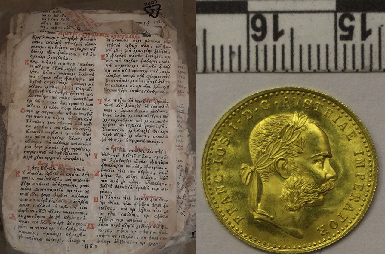 Items recovered by Romanian officials included an 18th-century religious text and gold coins.