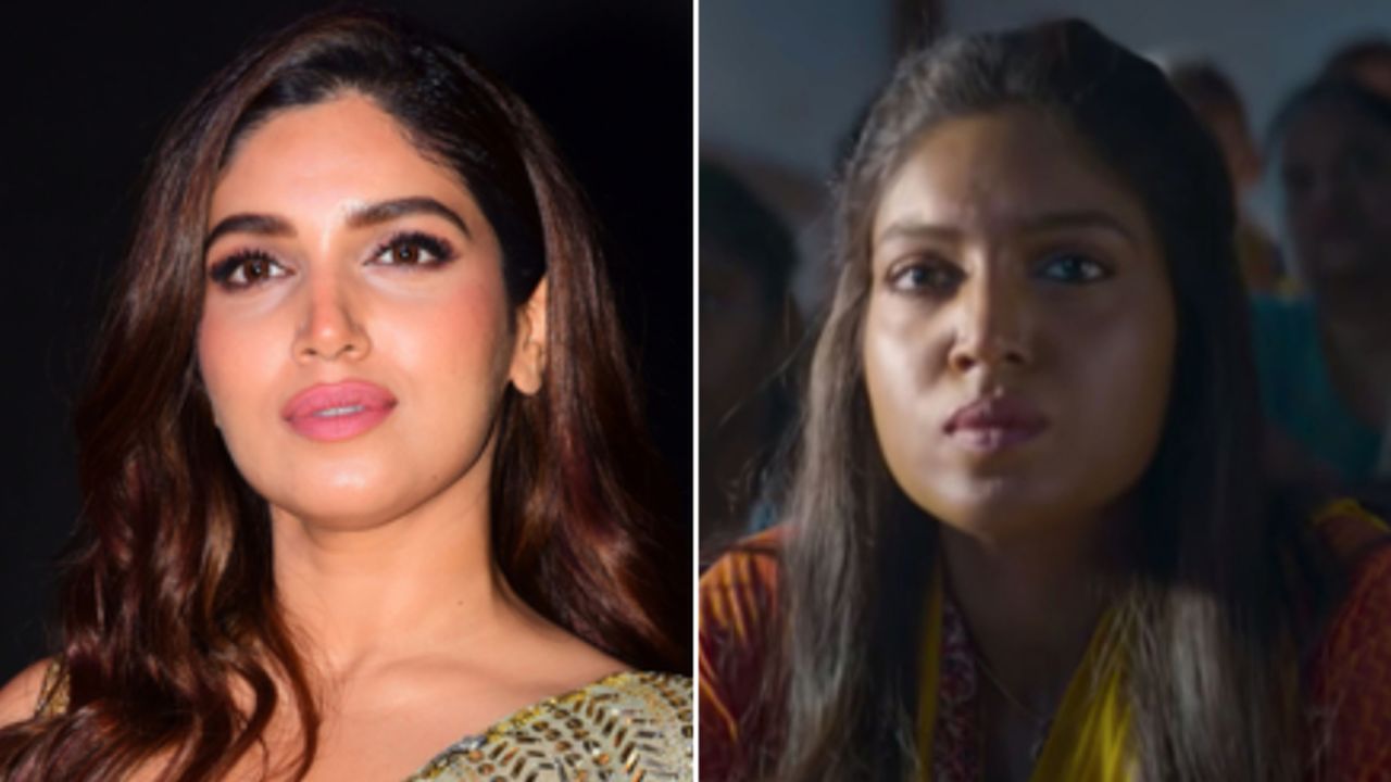 Actress Bhumi Pednekar after and before her skin was darkened to portray her character in the 2019 movie, "Bala."