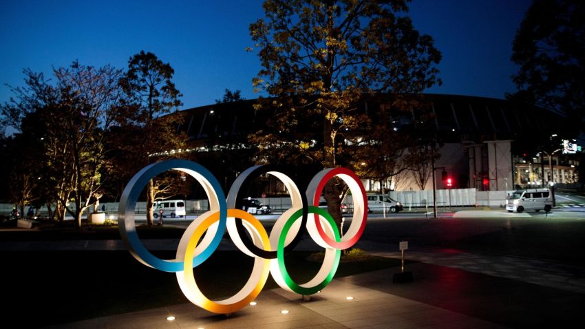 The Olympic rings displayed outside the National Stadium, a venue for the postponed Tokyo 2020 Olympic Games.