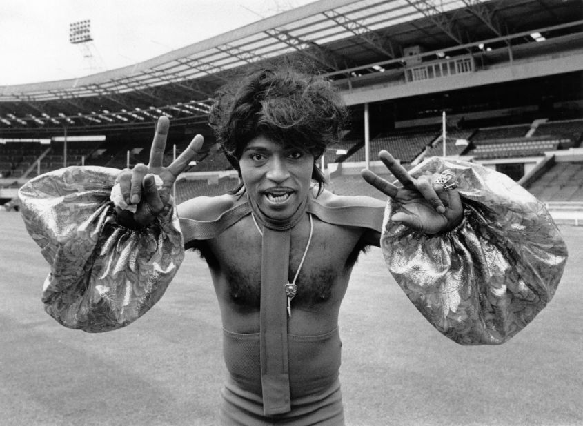 Little Richard poses in costume at an empty Wembley Stadium in London during rehearsals for a concert in 1972.