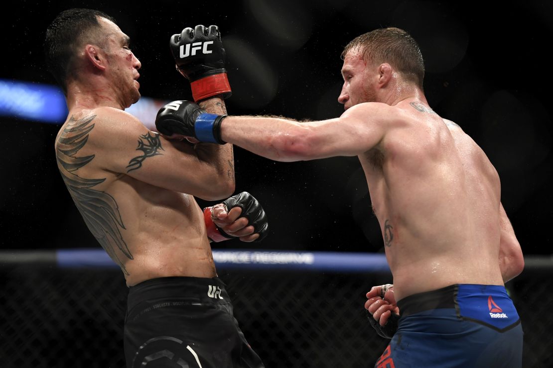 A bloodied Tony Ferguson (left) was upset by Justin Gaethje at UFC 249. 