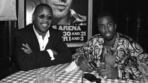 Andre Harrell, left, and Sean "Diddy" Combs pose for a photo at a party after Lifebeat's Urban Aid benefit concert at Madison Square Garden on October 5, 1995 in New York City, New York.