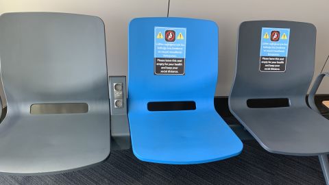 Social distancing was encouraged at Istanbul's airport with signs on seats,