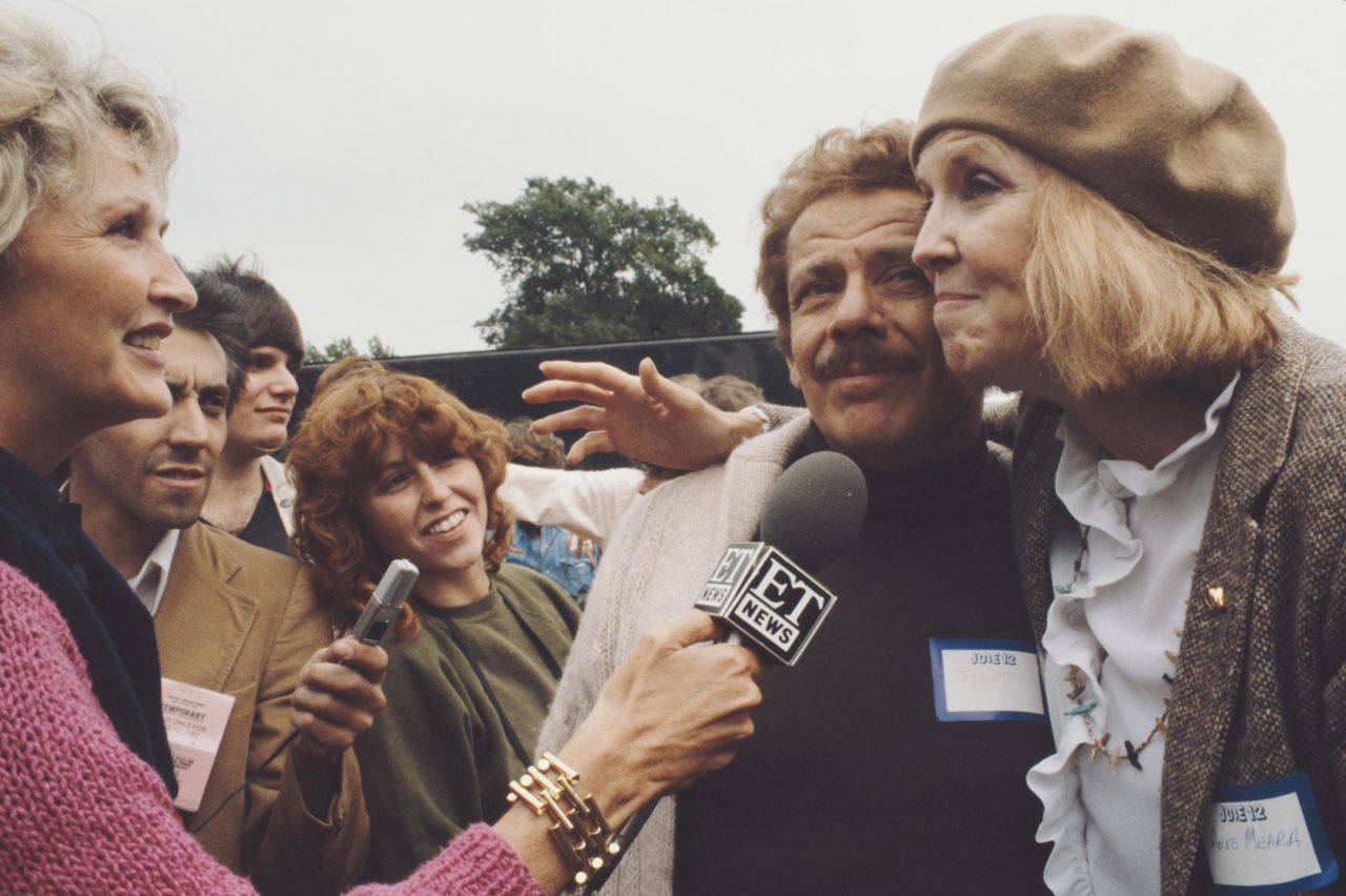 Stiller and Meara are interviewed at an anti-nuclear rally in New York in 1982.