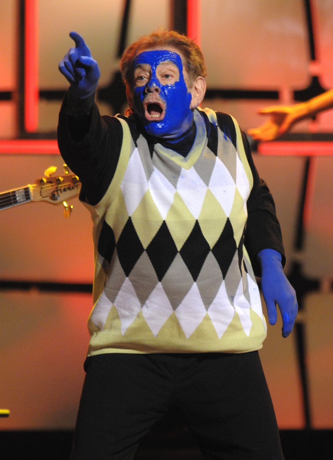 Stiller is dressed as a member of the Blue Man Group during a Comedy Central special in 2008. The "Night of Too Many Stars" raised money for autism education.