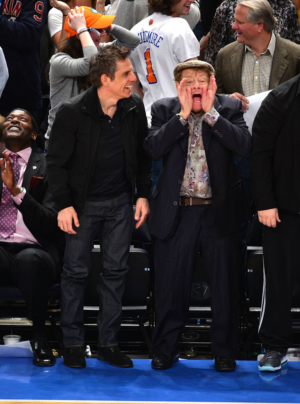 Stiller and his son attend a New York Knicks basketball game in 2012.