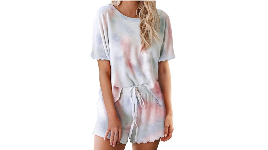 Asvivid Womens Tie Dye Printed Ruffle Short Lounge Set