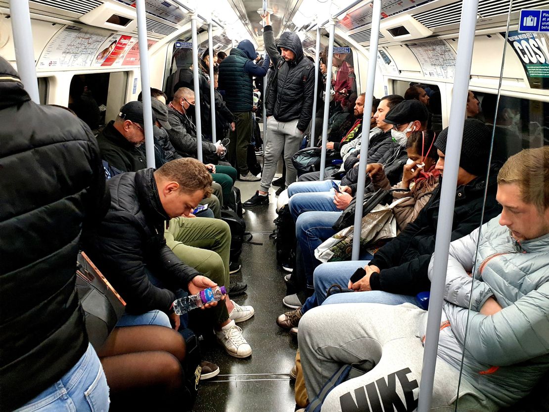 A busy London Underground carriage this morning, after Boris Johnson encouraged some people to go back to work but before he advised Brits to wear face coverings in public.