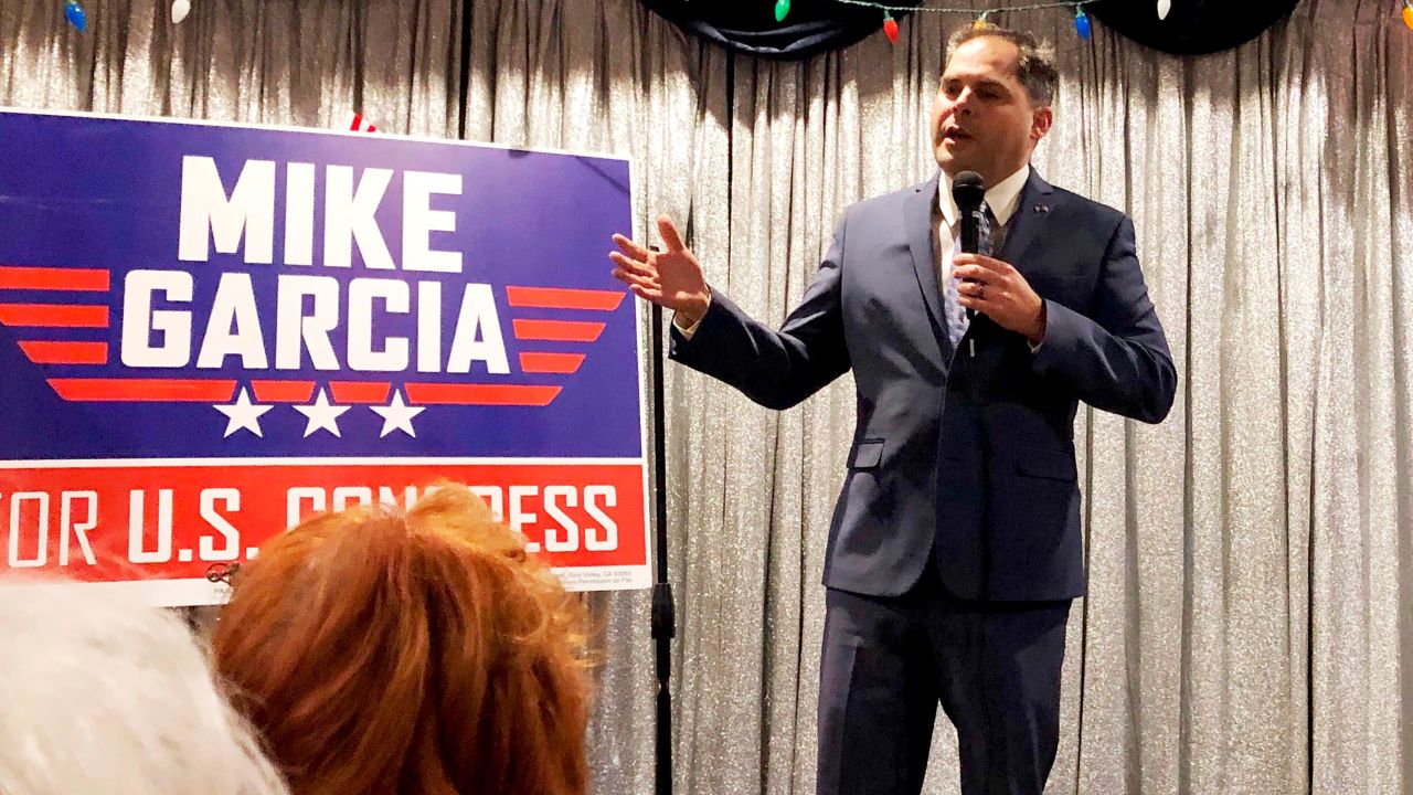 In this photo, 25th District congressional candidate and former Navy combat pilot Mike Garcia addresses supporters in January in Simi Valley, California.