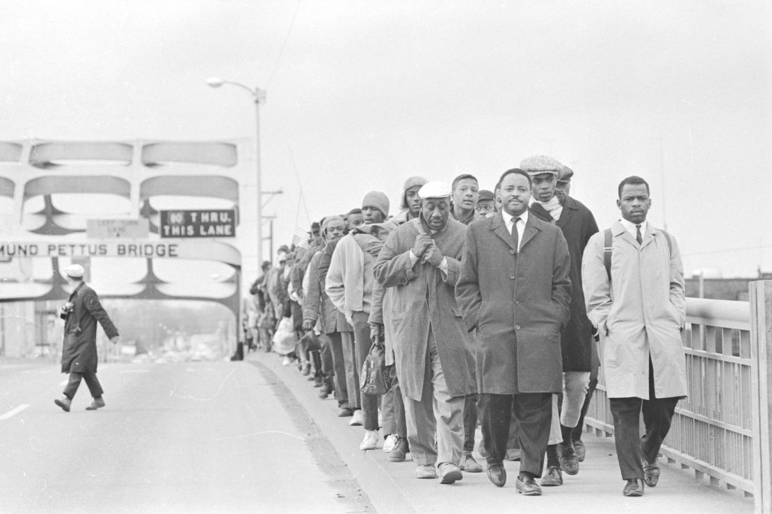 John Lewis (front right) during the march on the Edmund Pettus Bridge in 1965.