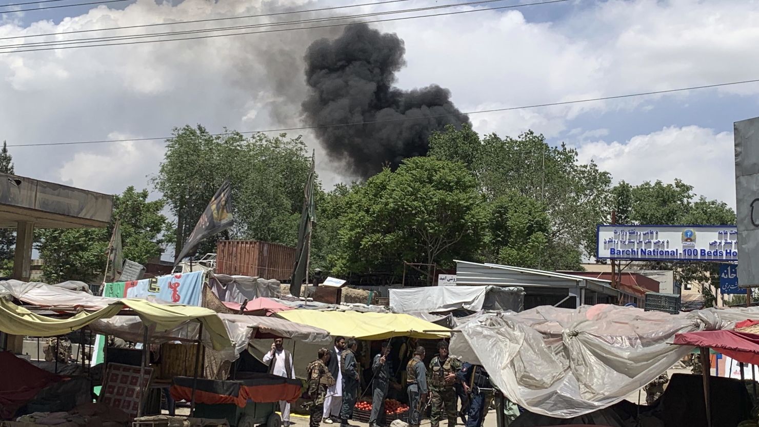 Smokes rises from a hospital in Kabul, Afghanistan.