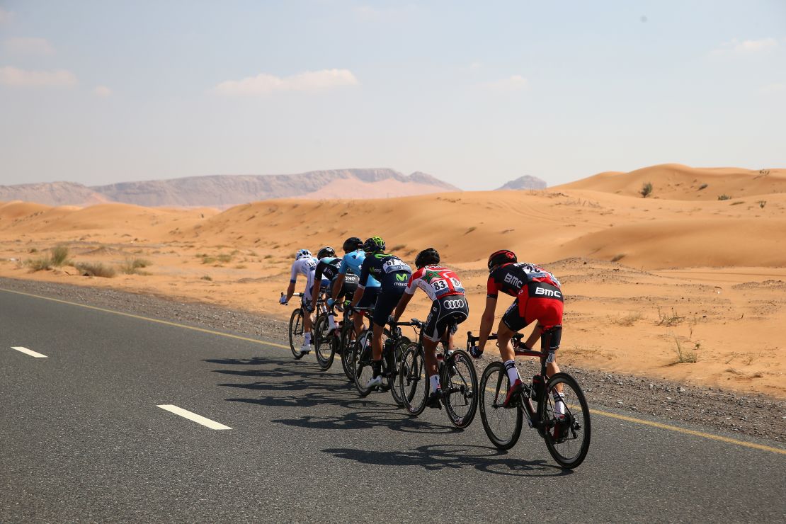 A breakaway group led by Team Novo Nordisk's Charles Planet races during the Tour of Dubai in 2016. 