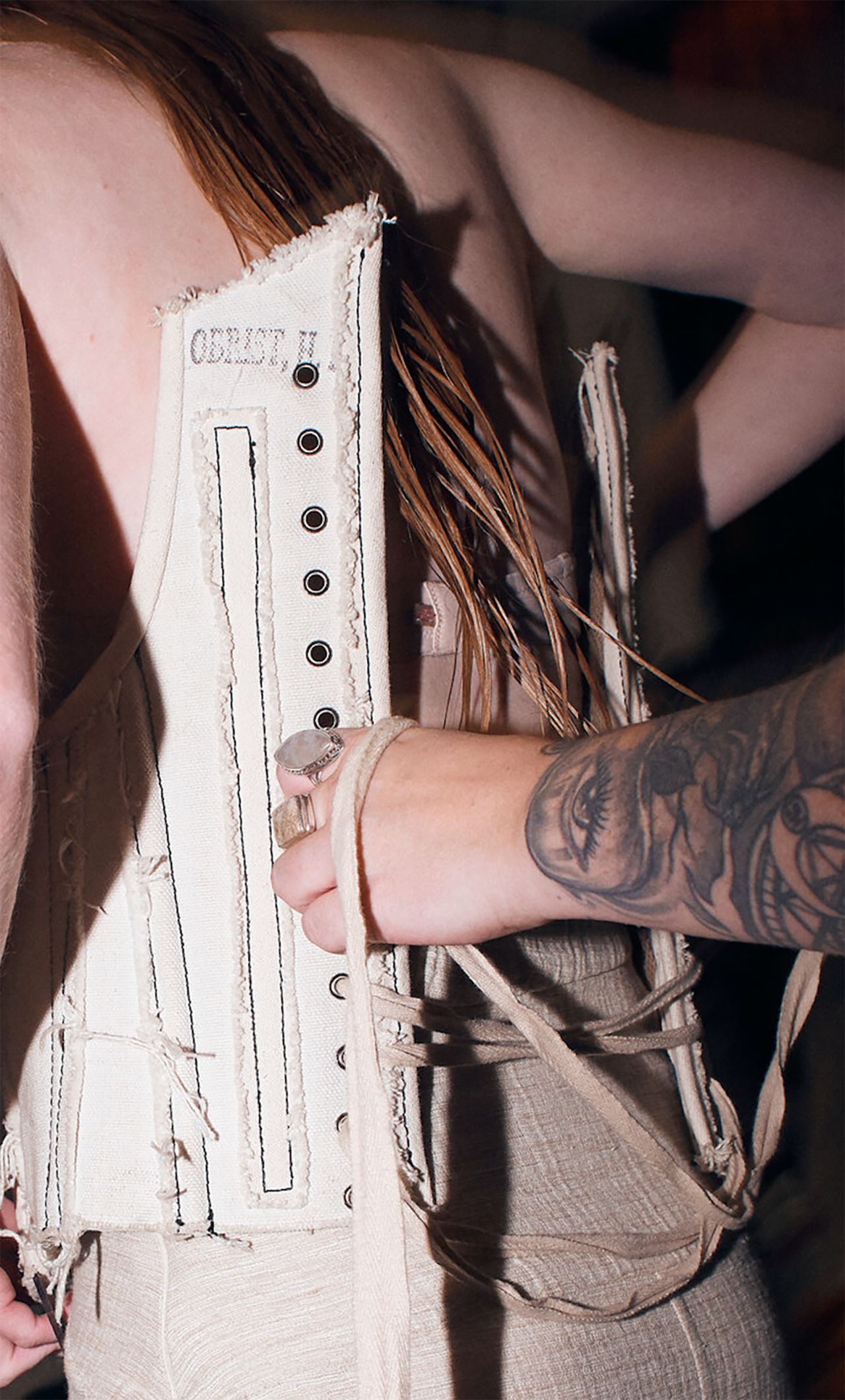 Elena Velez often uses repurposed nautical materials like rope and ship sails for her creations (Spring/Summer 2020)