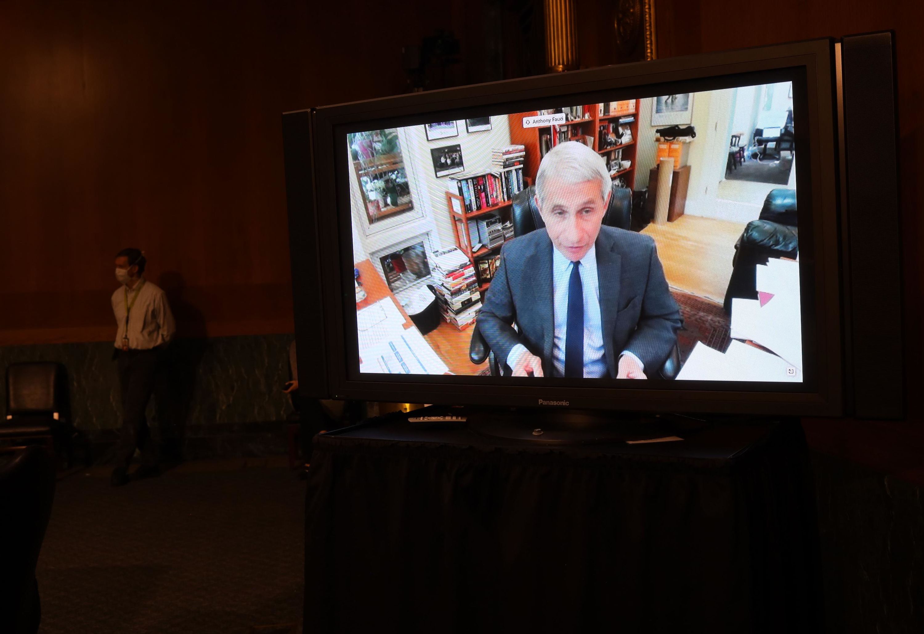 Dr. Anthony Fauci, director of the National Institute of Allergy and Infectious Diseases, speaks remotely during a Senate hearing on Tuesday, May 12.
