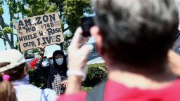 HAWTHORNE, CALIFORNIA - MAY 01: Amazon workers protest against covering up the scale of the outbroke in their facility during the coronavirus pandemic on May 01, 2020 in Hawthorne, California. COVID-19 has spread to most countries around the world, claiming over 235,000 lives and infected over 3.3 million people. (Photo by Tommaso Boddi/Getty Images)