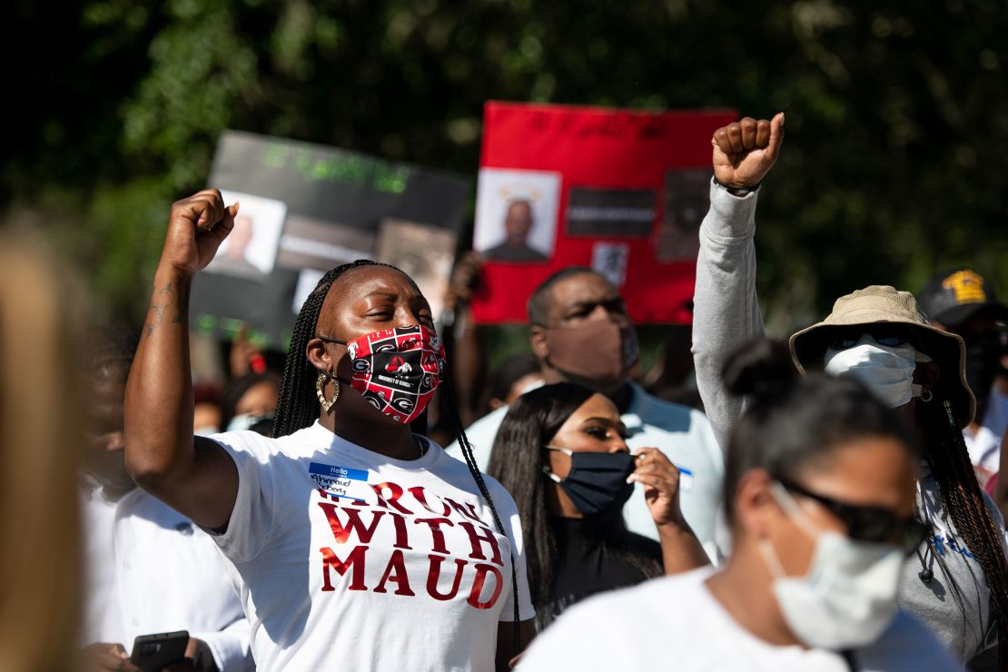 Demonstrators protest the shooting death of Ahmaud Arbery at the Glynn County Courthouse on May 8, 2020 in Brunswick, Georgia.