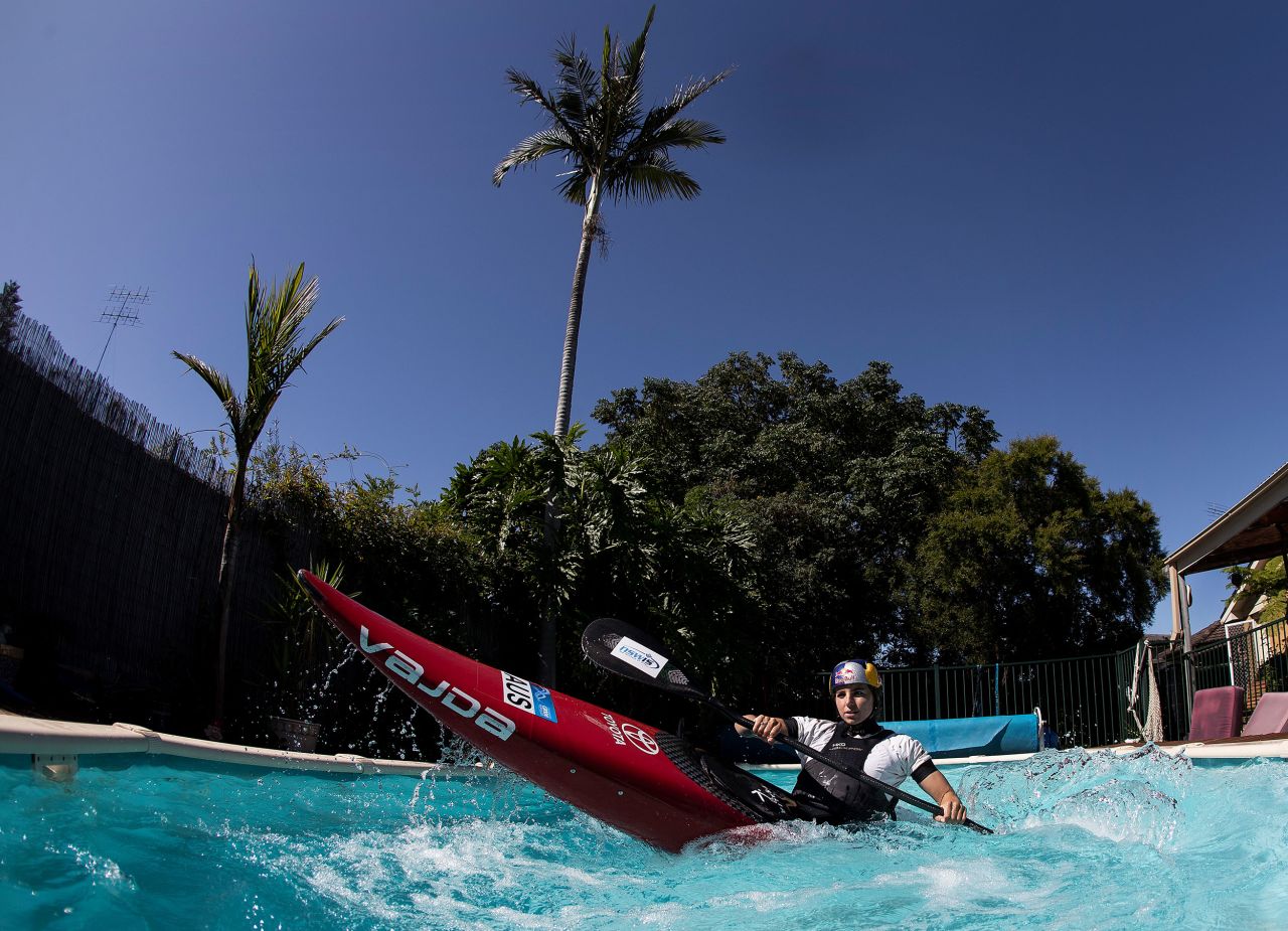 Jess Fox, a world champion canoeist who has also won Olympic medals, trains in her swimming pool in Sydney on April 18.