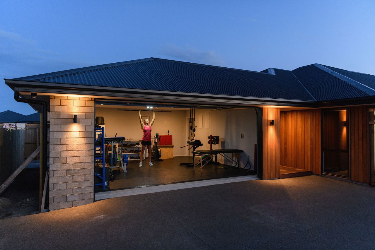 Jane Watson, a netball player with New Zealand's national team, trains in her garage in Rolleston, New Zealand, on April 14.