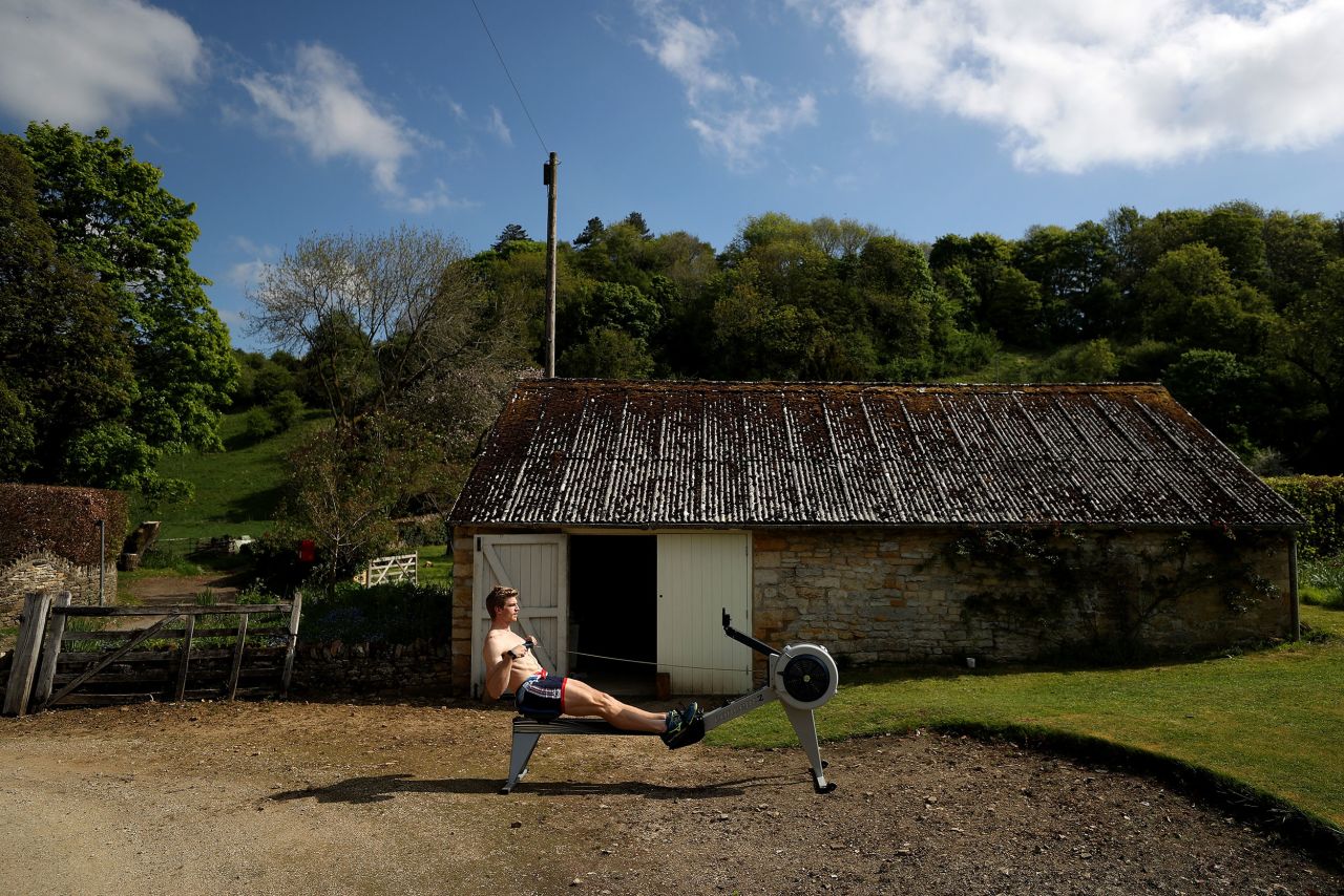 British rower Tom George trains at his home in Cheltenham, England, on May 5.