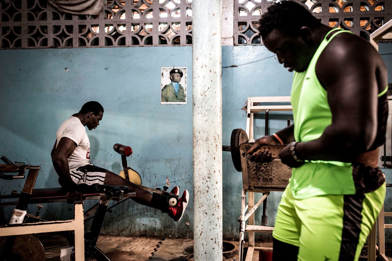 Two Senegalese wrestlers work out at a gym that was opened for the two of them in Dakar on April 15.