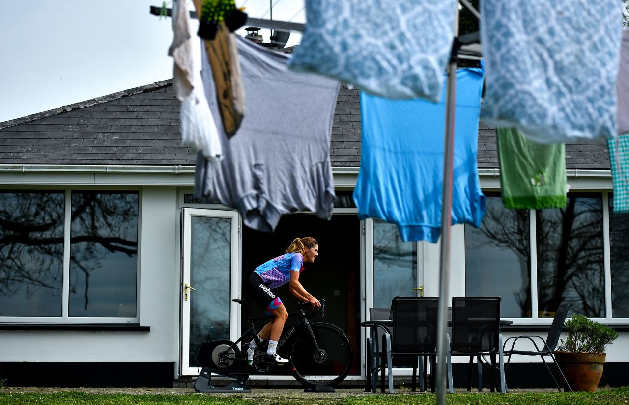 Professional cyclist Imogen Cotter uses a stationary bike in Ruan, Ireland, on April 27.