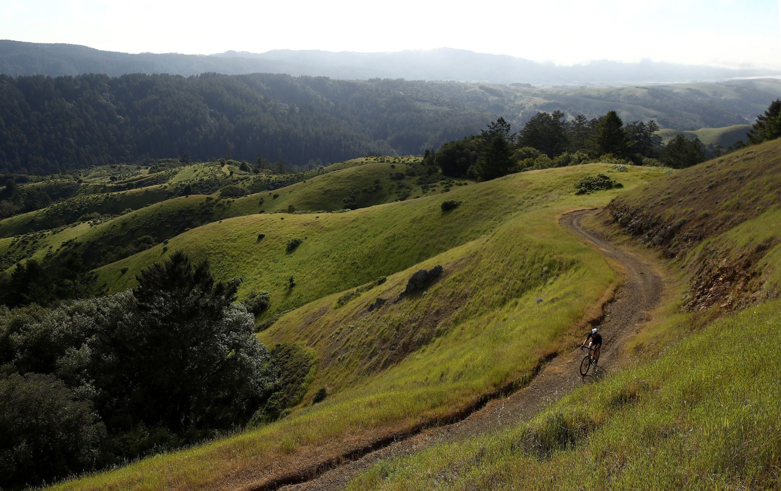 Triathlete Sarah Piampiano rides up Barnabe Mountain during a training ride in Lagunitas, California, on May 5.