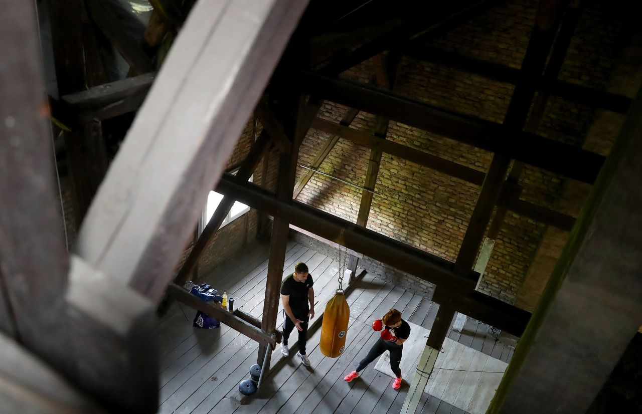 Professional boxer Nina Meinke trains at home in Berlin on May 5.
