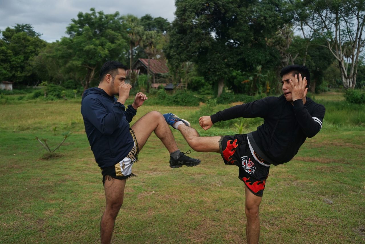 Athletes practice Muay Thai boxing in a park in Makassar, Indonesia, on April 25.