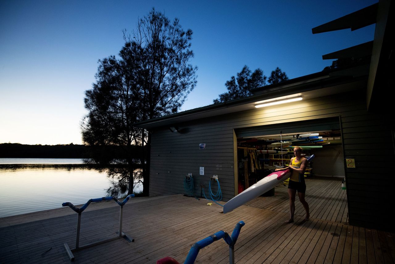 Kayaker Jo Brigden-Jones trains at Narrabeen Lake in Sydney on April 21.