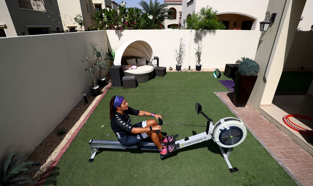 Triathlete Melina Timson-Katchis trains at her home in Dubai, United Arab Emirates, on April 22.