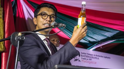 The President of Madagascar, Andry Rajoelina, attends a ceremony April 20 to launch Covid Organics.