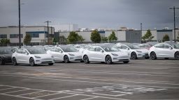 Tesla Model 3s at the company's assembly plant in Fremont, California, on Monday, May 11, 2020. 