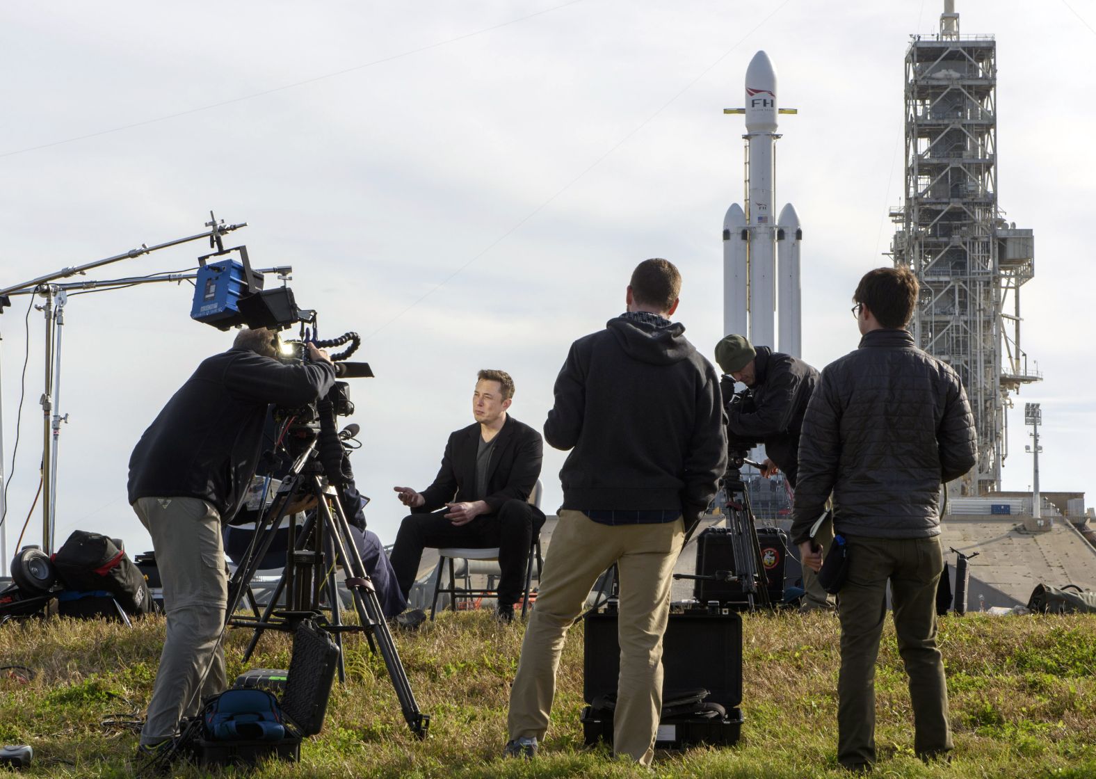 Musk speaks to reporters in 2018, a day before SpaceX <a  target="_blank">launched the Falcon Heavy</a>, the world's most powerful rocket.