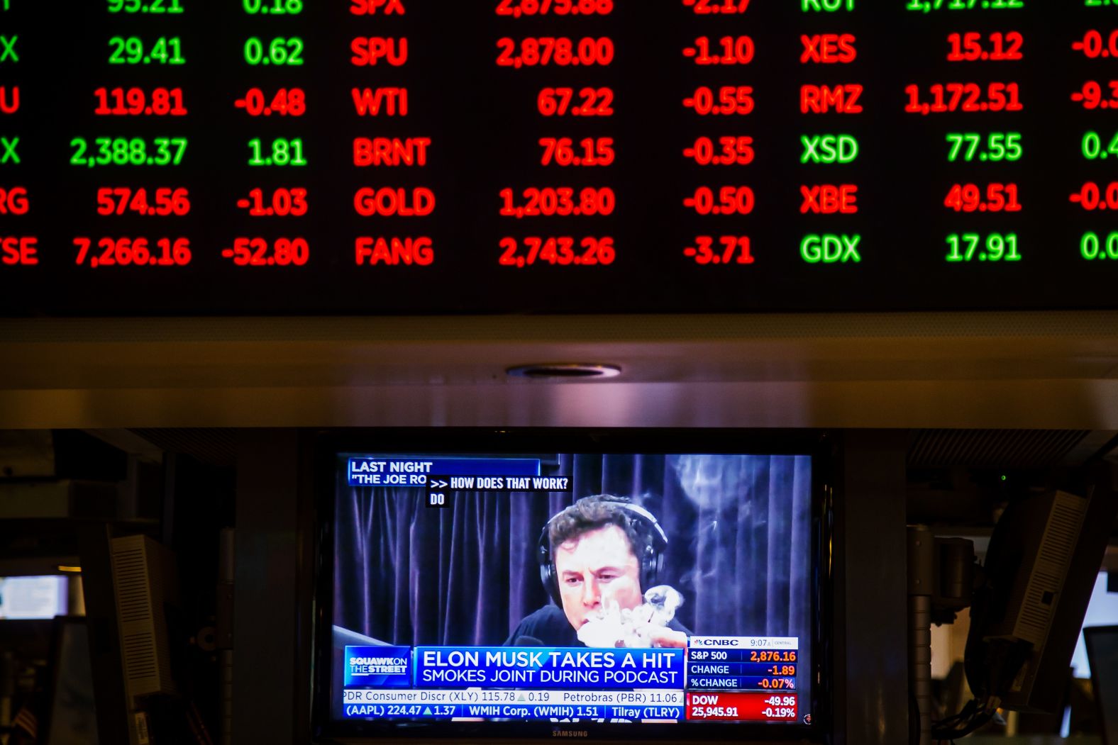 Musk is seen on a television monitor on the floor of the New York Stock Exchange in 2018. Musk smoked a joint while <a  target="_blank">talking to podcast host Joe Rogan </a>about what it's like inside his head ("a never-ending explosion"), keeping a car company in business ("very difficult") and trying to get governments to regulate artificial intelligence ("nobody listened").