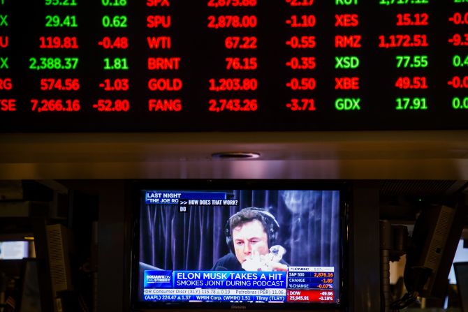Musk is seen on a television monitor on the floor of the New York Stock Exchange in 2018. Musk smoked a joint while <a href="index.php?page=&url=https%3A%2F%2Fwww.cnn.com%2F2018%2F10%2F01%2Ftech%2Felon-musk-joe-rogan%2Findex.html" target="_blank">talking to podcast host Joe Rogan </a>about what it's like inside his head ("a never-ending explosion"), keeping a car company in business ("very difficult") and trying to get governments to regulate artificial intelligence ("nobody listened").