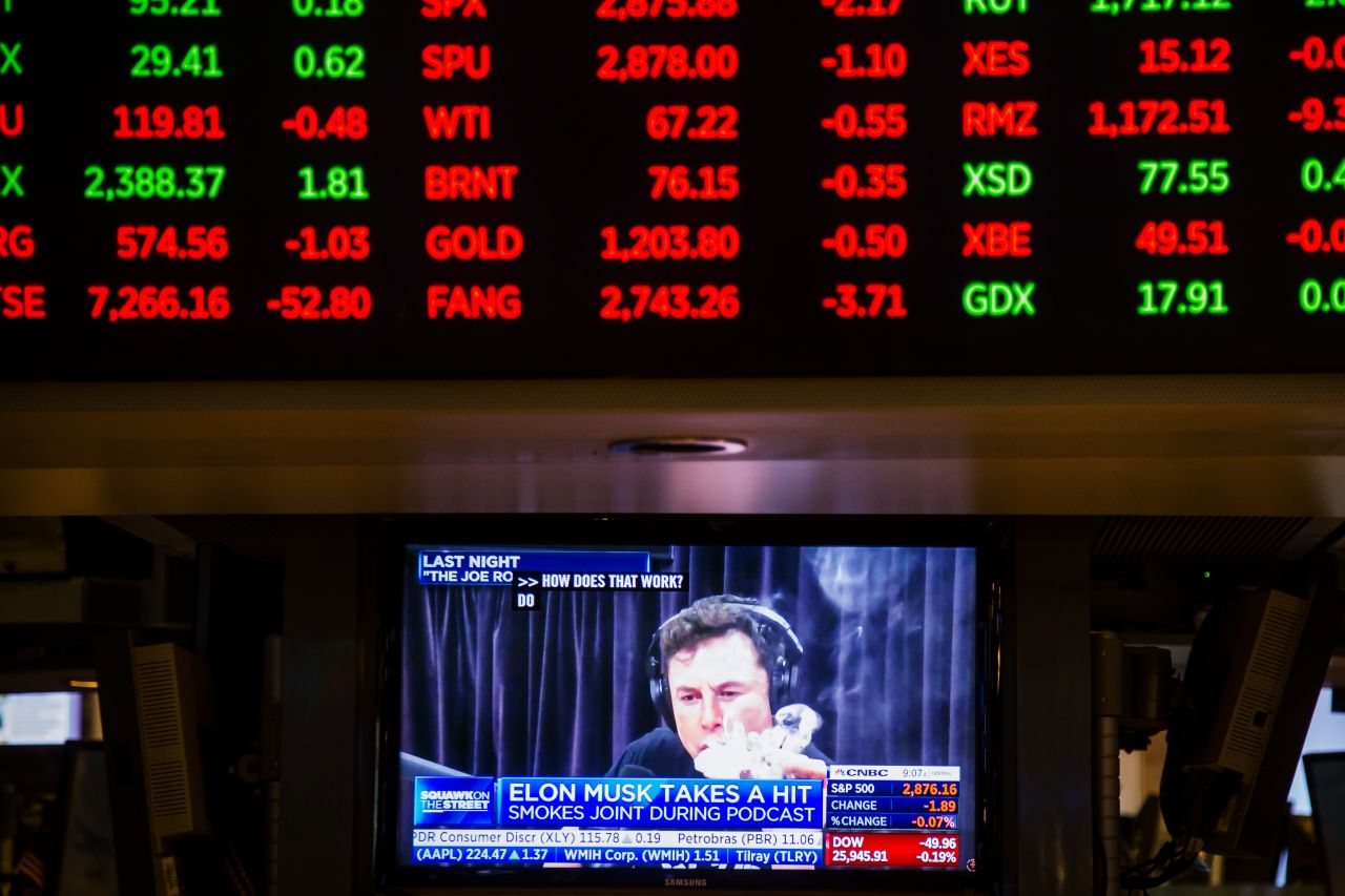 Musk is seen on a television monitor on the floor of the New York Stock Exchange in 2018. Musk smoked a joint while <a href="https://www.cnn.com/2018/10/01/tech/elon-musk-joe-rogan/index.html" target="_blank">talking to podcast host Joe Rogan </a>about what it's like inside his head ("a never-ending explosion"), keeping a car company in business ("very difficult") and trying to get governments to regulate artificial intelligence ("nobody listened").